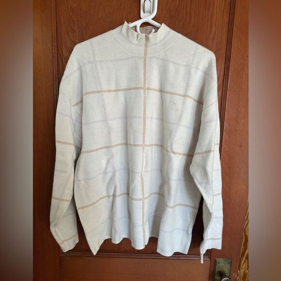 Anthropologie Windowpane Grid Mock Neck Sweater XL Cream Beige Cozy Chic - Picture 1 of 5